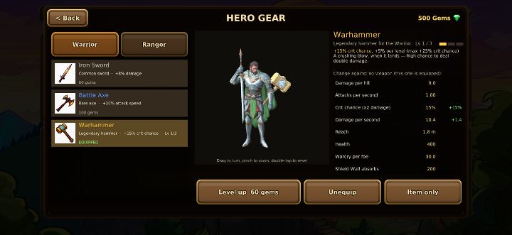 Hero Gear: the Warrior in armour with a legendary Warhammer equipped, beside a list of weapons and how each changes his damage, attack speed and critical chance.