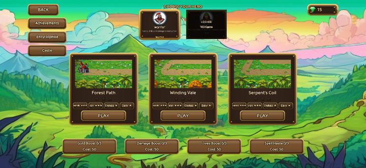 Map selection: Forest Path, Winding Vale and Serpent's Coil, each with Heroic, Iron, Endless and Daily modes, and a hero choice at the top.